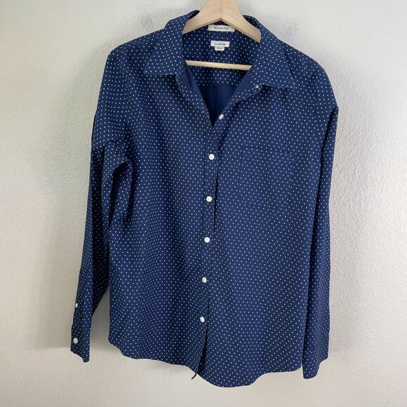 LL Bean Womens Large Wrinkle Free Navy Button Up Shirt White Heart Print Blouse - Picture 7 of 10